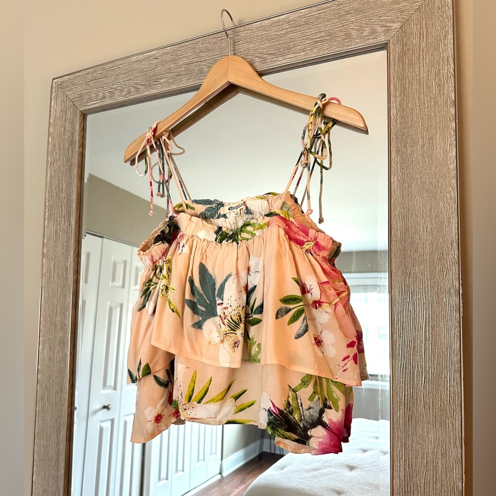 Rip Curl Peach Floral Ruffle Tie-Strap Tank Top